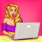 Blond girl internet blogger working behind laptop