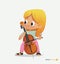 Blond Girl Sit on Chair Play Contrabass with Joy