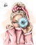 Blond hair girl holding doughnut near her eye. Fashion girl with beautiful hairstyle. Pretty young woman.