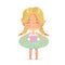 Blond Hair girl stay in inflatable circle. Child Relax at Summer. Pool Party Girl with Inflatable Ring. Smiling Girl