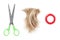 Blond hair lock, metal scissors, scrunchy white background isolated closeup, cut off blonde hair curl, steel shears, hair band