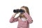 Blond hair young little girl looking holding binoculars looking through observing and watching curious