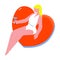 Blond-haired woman in white swimsuit resting on the red floating rubber ring in form of heart. Vector illustration in
