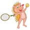Blond Hedgehog plays tennis. Cartoon style. Clip art for children.