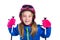 Blond kid girl happy going to snow with ski poles and helmet