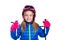 Blond kid girl happy going to snow with ski poles and helmet