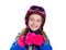 Blond kid girl happy going to snow with ski poles and helmet