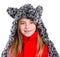 Blond kid girl with winter gray feline fur scarf hat in white