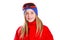 Blond kid girl winter portrait with ski snow goggles