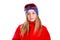 Blond kid girl winter portrait with ski snow goggles