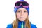 Blond kid girl winter portrait with ski snow goggles