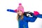 Blond kid girl winter snow holding ski equipment