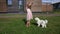 Blond little girl feed dog puppy in house yard. Gimbal motion shot