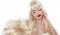 Blond long hair. Sensual woman with red lips. Professional makeup. Blowing wavy hairstyle.