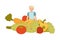 Blond Male Sitting on Pile of Huge Vegetables as Source of Vitamin and Energy Vector Illustration