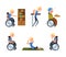 Blond Man with Disability in Wheelchair Engaged in Different Activity Vector Set