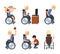 Blond Man with Disability in Wheelchair Engaged in Different Activity Vector Set