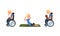 Blond Man with Disability in Wheelchair Reading Book and Doing Physical Exercise Vector Set