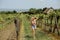 Blond model girl in denim shorts and sleeveless shirt enjoying a summer day in the vineyard. Young woman wearing in