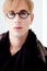 Blond modern student man with nerd glasses