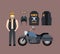 Blond motorcyclist and classic blue motorcycle with jacket and helmet in rosy brown background