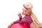 Blond pinup model leaning on beach ball