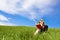 Blond reading on grass