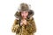 Blond winter kid girl cold freeze gesture and fur