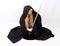 Blond woman in black hooded cloak with sword