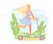 Blond Woman in Blue Dress Riding Kick Scooter in Hot Summer Day Vector Illustration