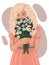 blond woman with a bouquet of flowers. spring fantasy flat hand drawn vector illustration.