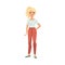 Blond Woman Character with Ponytail in Red Pants in Standing Pose Vector Illustration