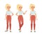 Blond Woman Character with Ponytail Wearing Red Pants in Standing Pose Vector Set