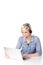 Blond Woman With Headset Looking At Laptop