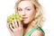 Blond woman holding a bunch of grape