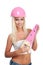 Blond woman with pink hard hat