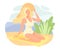 Blond Woman in Swimsuit and Straw Hat Sitting on Blanket on Sandy Beach and Sunbathing in Hot Summer Day Vector