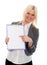 Blond young business woman with a clipboard