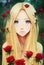 blonde anime girl with red roses, garden illustration in background, ai generated image