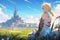 Blonde Anime Warrior On A Green Field, Gazing At A Distant Fantasy City