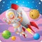 Blonde Astronaut boy rocket backpack flying in outer space