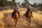 Blonde and brunette riding on dirt track