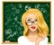 Blonde business woman in glasses near the blackboard