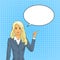 Blonde Business Woman Point Finger To Chat Bubble Pop Art Colorful Retro Style