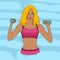 Blonde cartoon girl exercising with dumbbells