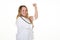 Blonde curvy woman shows arms biceps smiling happy satisfied and powerful flexing muscular arm in white background