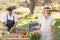 Blonde customer holding a vegetables basket