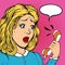 Blonde disappointed woman shocked face with open mouth talking on telephone with speech bubble for message, pop art retro comic st