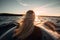 Blonde female on sailboat motion gazing sunset. Generate ai
