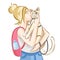 Blonde girl with blonde cat in grey leash isolated white vector image